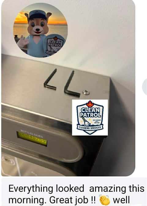 Clean Patrol mascot and logo on microwave oven with number 44, accompanied by positive review text
