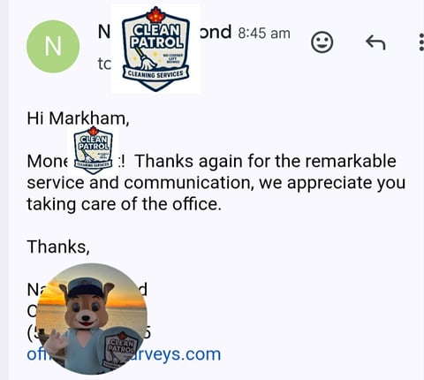 Email message from Clean Patrol thanking Markham for office cleaning service, with company logo and cartoon mascot