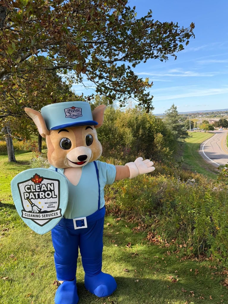 Mascot in blue uniform and cap holding Clean Patrol shield standing outdoors with green fields and trees in background
